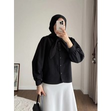 Miraydin Butik Kadın Yakası Bağcıklı Etek Üstü Poplin Gömlek - Siyah