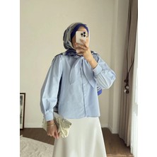Miraydin Butik Kadın Yakası Bağcıklı Kısa Poplin Gömlek - Bebe Mavisi