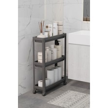 PremiumPort Çok Amaçlı Siyah 3 Katlı Tekerlekli Dikdörtgen Banyo Raf Ünitesi