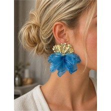 Poseidons Jewellery Turkuaz Uçuş Kumaş Detaylı Büyük Boy Çiçek Küpe Gold Metal Yazlık Küpe