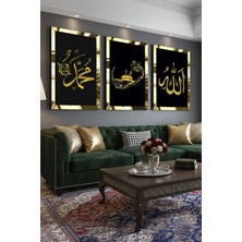 Handanca Gold Aynalı Pleksi Çerçeveli Hz Muhammed ve Allah Lafzı Dini Üçlü Mdf Tablo Seti