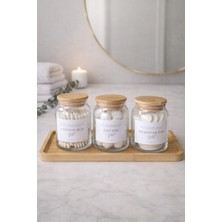 PremiumPort Bambu Kapaklı Cam Banyo Düzenleyici Pamukluk Seti, Şık ve Pratik Kullanım