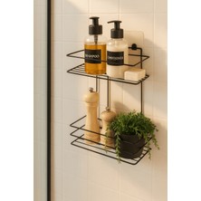 PremiumPort Iki Katlı Siyah Yapışkanlı Paslanmaz Metal Banyo Rafı