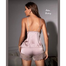 Intive Lingerie Intive Soğuk Bej Dantel Detaylı V Yaka Saten Büstiyer Şort Pijama Takımı