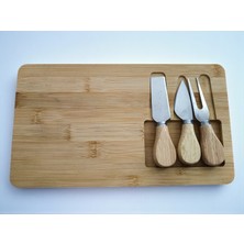 MyBru Doğal Bambu Bıçaklı Peynir Servis Sunum Tabağı Kahvaltı Sunum Tahtası Seti 4 Parça 30X17 cm