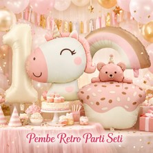 Party Express Pembe Retro Unicorn 1 Yaş Doğum Günü Balon Seti – Helyum Uyumlu