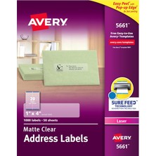 Avery Mat Şeffaf Adres Etiketleri, Emin Besleme Teknolojisi, Lazer, 1 Inç x 4 Inç, 1000 Etiket (5661