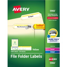Avery Trueblock Dosya Klasörü Etiketleri, 2/3" x 3-7/16", 1500 Yazdırılabilir Etiket, Beyaz/sarı, Ka