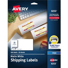 Avery Mat Beyaz Nakliye Etiketleri, Sure Feed Teknolojisi, Kalıcı Yapıştırıcı, 2" x 4", 200 Etiket (