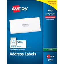 Avery Fotokopi Makineleri Için Yazdırılabilir Adres Etiketleri, 1-3/8" x 2-13/16", Beyaz, 2.400 Boş