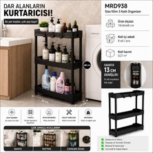 Otomeksan 13 cm Slim Dar Alan Organizer Raf 3 Katlı – Mutfak Buzdolabı Yanı ve Dolap Arası Için Ince Tasarım, Çok Amaçlı Banyo Salon Düzenleyici, 4 Askı Kancalı