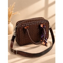 Kadın Kahverengi Örgü Desenli El & Omuz Çantası