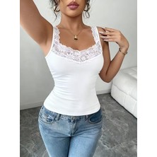 Stelol Kadın Askılı V Dantel Yakalı Viskon Bluz