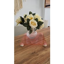 PremiumPort 25 cm Pembe Akrilik Sunum Tablası, Yuvarlak Ahşap Ayaklı Dekorasyon