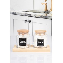 PremiumPort Ahşap Standlı Vakumlu Kapaklı Kulak Pamuğu ve Kavanoz Seti 300 ml