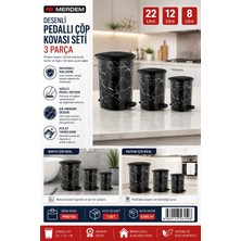 3’lü Pedallı Çöp Kovası Seti 8L+12L+22L Siyah Mermer Desenli Kapaklı Pedal Mekanizmalı
