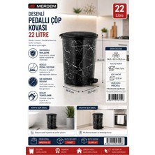 Merdem 22 Litre Desenli Pedallı Çöp Kovası Siyah Mermer Görünümlü Kapaklı Banyo Mutfak Çöp Kovası