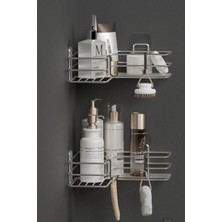 PremiumPort Krom Gümüş 2'li Köşeli Banyo Rafı, Yapışkanlı Duş Organizer