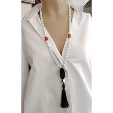 Sinem Şanlı Atelier Beyaz Oniks Taşlı Uzun Püskül Kolye El Yapımı Cam Boncuk Turkuaz Detaylı & Sade Model 72 cm Kutulu Kolye