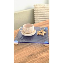 PremiumPort 25 cm Mavi Akrilik Yuvarlak Sunum Tablası, Ahşap Ayaklı Dekorasyon