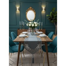 Minoza Amoris Model Kadife Kumaş Tül Detaylı Püsküllü Dekoratif Masa Örtüsü Runner