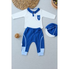 Pekmini Bebe 3-6 6-9 9-12 Ay Efendi Nakışlı Cep Şapkalı Uzun Kollu Sweat 3lü Erkek Bebek Takımı Indigo