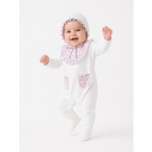 Pugi Baby Kız Bebek Çiçek Desenli Fırfırlı Yakalı  Ayaklı Tulum Bone Seti 0-3 / 3-6 / 6-9 Ay
