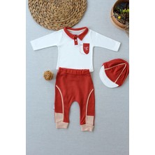 Pekmini Bebe 3-6 6-9 9-12 Ay Efendi Nakışlı Cep Şapkalı Uzun Kollu Sweat 3lü Erkek Bebek Takımı Kiremit