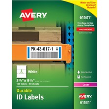 Avery Lazer Yazıcılar Için Dayanıklı Beyaz Kapak Kimlik Etiketleri, 3,25 x 8,375, 150'LI Paket (6153