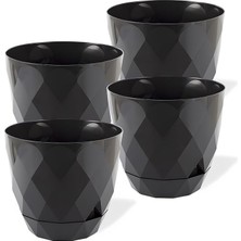 CetKing Yakamoz Prizma Saksı Seti 4 Adet Drenajlı Tabaklı Plastik Çiçek Saksısı Set (Antrasit, 0.65 Lt)