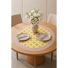 Rona Home Yuvarlak Sarı Geometrik Desenli Dantelli Masa Örtüsü 60 cm Su Geçirmez Leke Tutmaz Silinebilir Şık Sofra Bezi