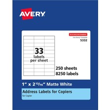Avery Fotokopi Makineleri Için Adres Etiketleri, 1" x 2-13/16", 8.250 Beyaz Etiket (5332)