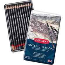 Derwent Tınted Charcoal Renkli Füzen Kalem - 12 Renk Metal Kutulu