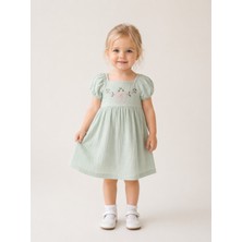 Harika Kids Kız Bebek Muslin Kumaş Elbise Günlük Stil %100 Pamuklu Yeşil Renkli