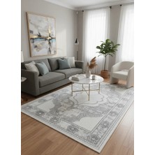 Çapan Armoni H6294A Beyaz Gri Lacivert Madalyon Salon Halısı 160X230 — Flosh Eskitme