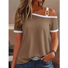 Flamex Kadın Kısa Kollu Tek Omuzu Açık Askı Toka Detaylı Viskon Bluz