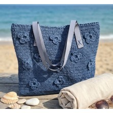 My Balli Store Kağıt Ipten El Örgüsü Mavi Çiçekli Çanta