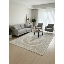 Asaryün Moda H7045 Bej Krem Oval Madalyon Klasik Salon Halısı 150X233 — Çiçekli Bordür