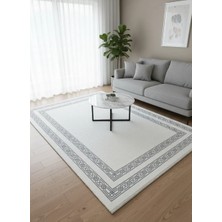 Çapan Armoni H6477A Beyaz Gri Zincir Çerçeveli Sade Salon Halısı 160X230 — Minimal Saçaklı