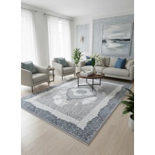 Çapan Armoni H6296A Beyaz Gri Mavi Klasik Madalyon Salon Halısı 160X230 — Osmanlı Saçaklı