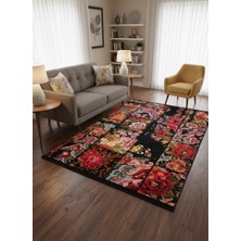 Bellino 4473 Siyah Zemin Renkli Gül Patchwork Halı 120X180