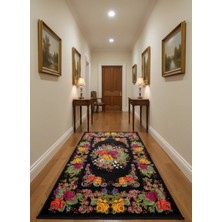 Bellino 4474 Siyah Zemin Gül Buketi Çiçekli Halı 80X150