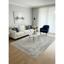 Asaryün Moda H4886 Mavi Gri Çiçekli Klasik Madalyon Salon Halısı 150X233 — Eskitme Saçaklı