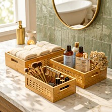 Snippy Deco Büyük - 3'lü Bambu Sepet Çok Amaçlı Düzenleyici Banyo Mutfak Sepeti Organizeri Banyo Seti