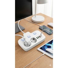 N&M Store 2500W Akım Korumalı Priz 2 Metre 2 Li Ac 3 USB 1 Type-C Pd Hızlı Şarjlı Bağımsız Düğmeli