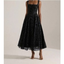 Uzer Işıltılı Simli Jacquard Dokulu Kare Yaka Couture Premium Abiye Elbise