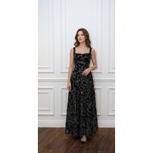 Uzer Işıltılı Simli Jacquard Dokulu Kare Yaka Couture Premium Abiye Elbise