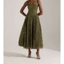 Uzer Işıltılı Simli Jacquard Dokulu Kare Yaka Couture Premium Abiye Elbise