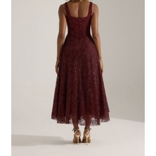 Uzer Işıltılı Simli Jacquard Dokulu Kare Yaka Couture Premium Abiye Elbise