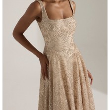 Uzer Işıltılı Simli Jacquard Dokulu Kare Yaka Couture Premium Abiye Elbise